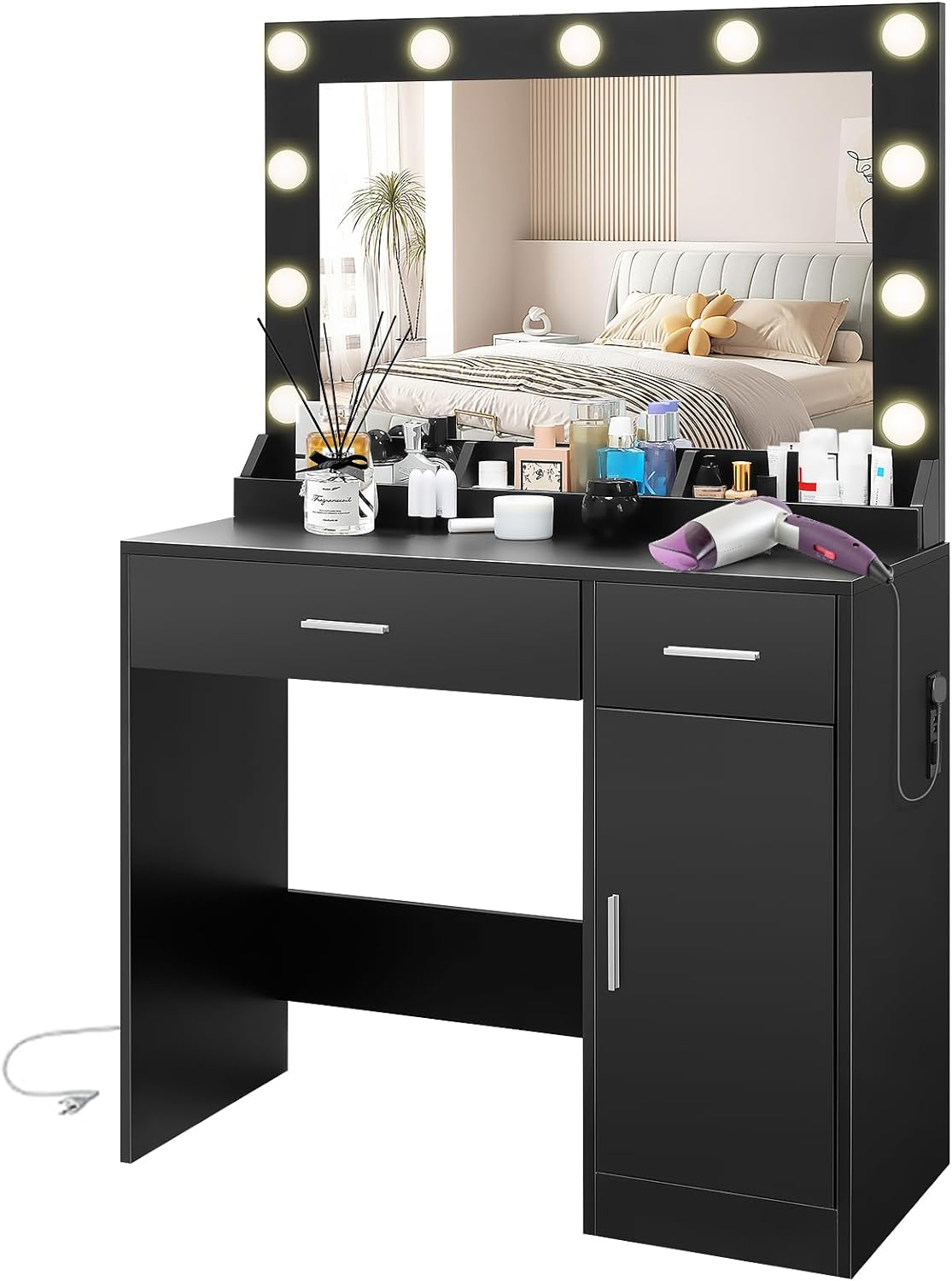 SEJOV Makeup Vanity Table with Large Lighted Mirror&Charging Station,2 Drawers Dressing Table w/3 Lighting Modes Brightness Adjustable