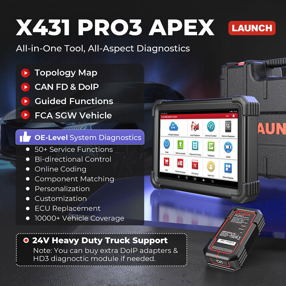 Launch X431 PRO3 APEX Wireless Car Diagnostic Scan Tool All-System Scan Online Coding Topology Map, CAN FD & DoIP, HD Truck Scan