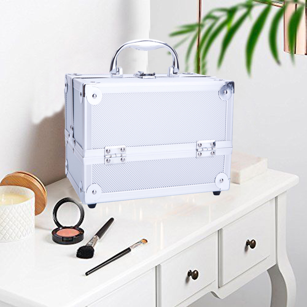Winado Portable Aluminum Makeup Storage Case Train Case Bag with Mirror Lock Black Jewelry Box silver