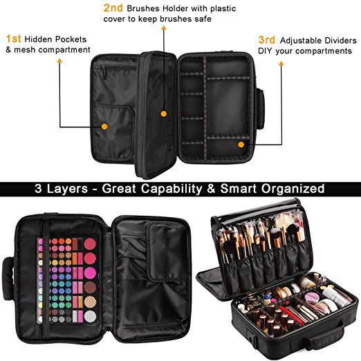 Winado 14 3 Layers Waterproof Makeup Bag Travel Cosmetic Case Brush Holder With Adjustable Divider