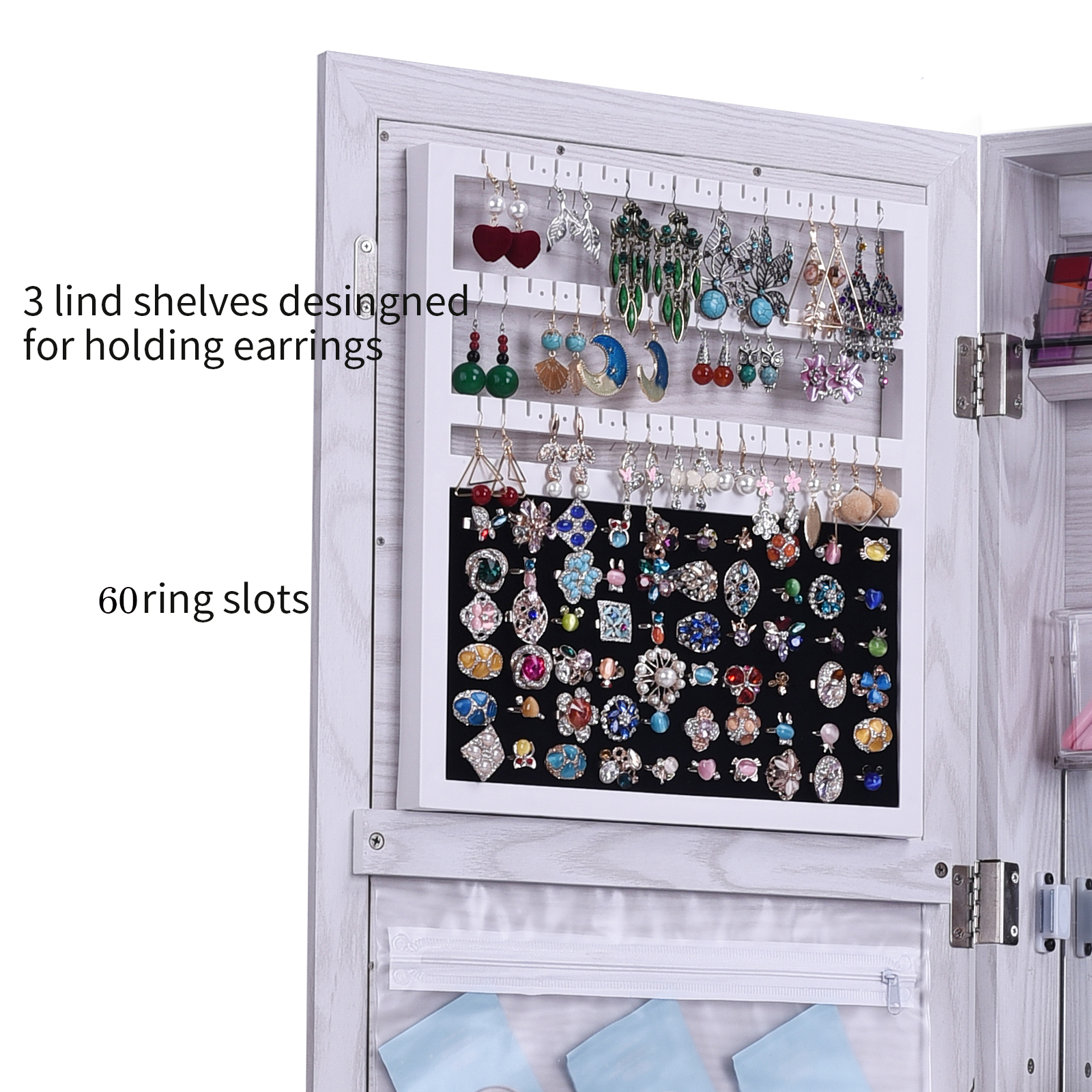 Winado Mirrored Jewelry Armoire Wall Cabinet Storage Makeup Organizer Hang Mount White
