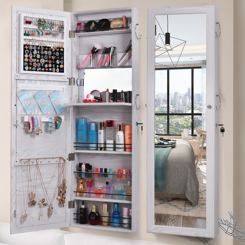 Winado Mirrored Jewelry Armoire Wall Cabinet Storage Makeup Organizer Hang Mount White