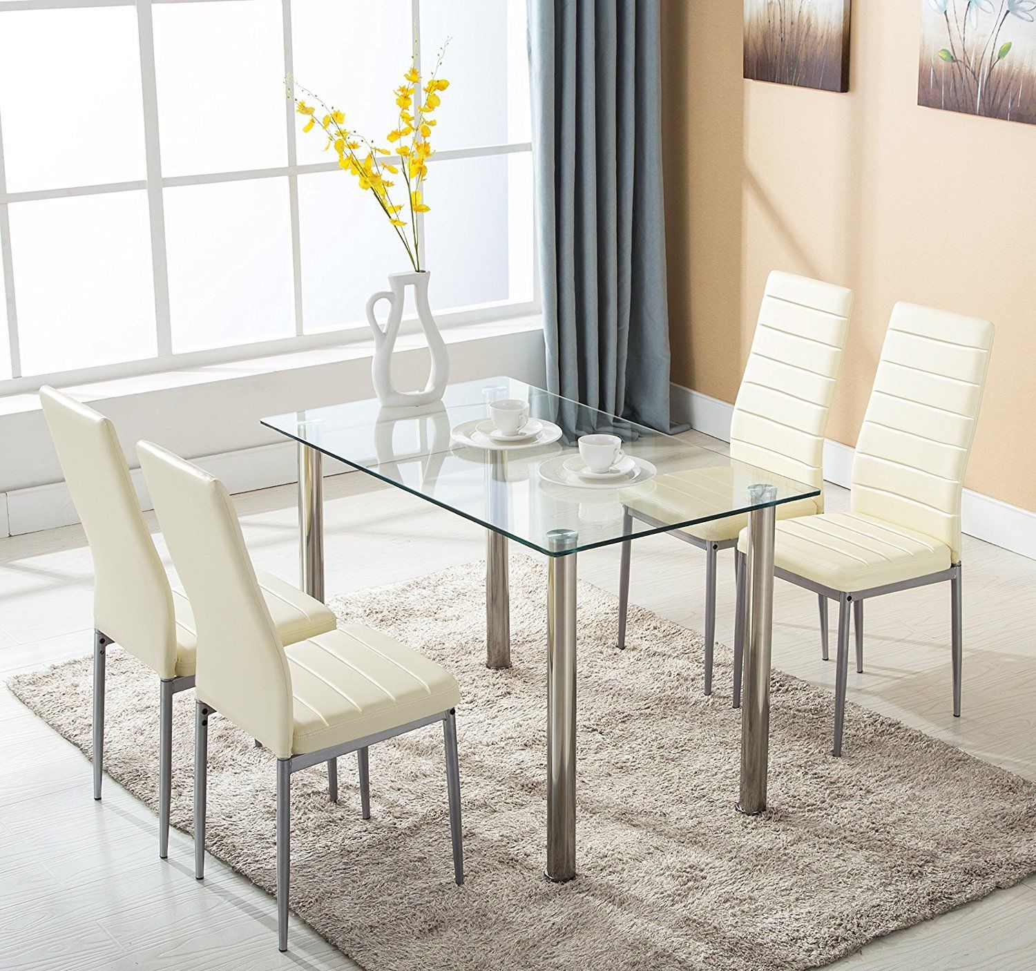 Winado 5 Piece Glass White Dining Table Set 4 Chairs Room Kitchen Breakfast Furniture