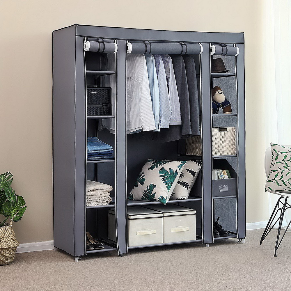 Winado 69" Portable Wardrobe Storage Closet Clothes Organizer with Metal Shelves and Dustproof Non-Woven Fabric Cover Gray