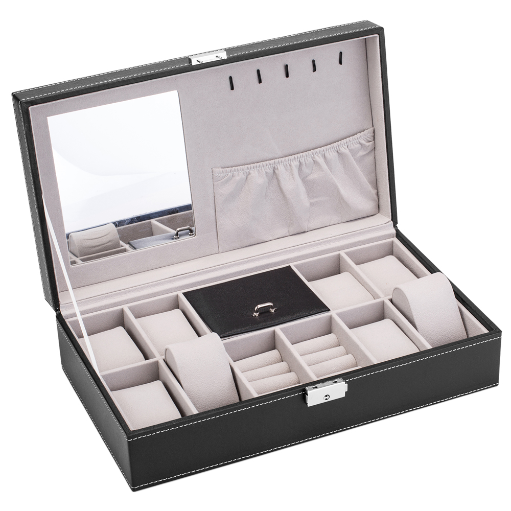 Winado Watch Jewelry Box 8 Slot Pu Leather Lockable Display Organizer Storage Holder Case with Mirror for Men Women Black