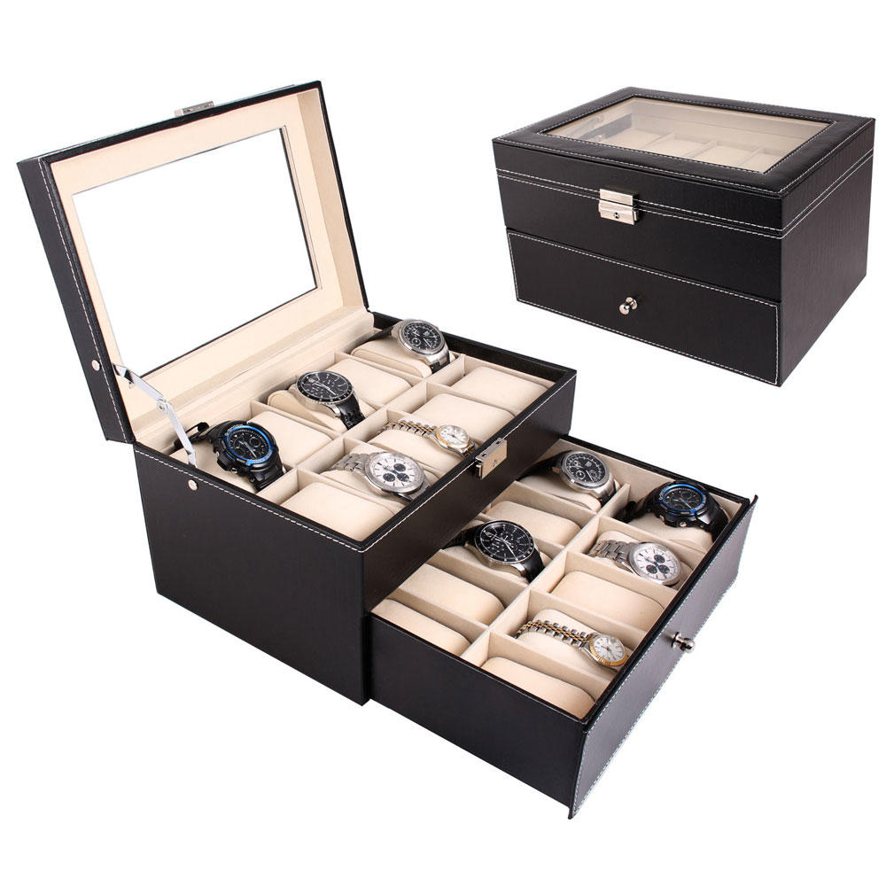 Winado 20 Slot Grids Watch Box Leather Display Case Organizer Top Glass Jewelry Storage