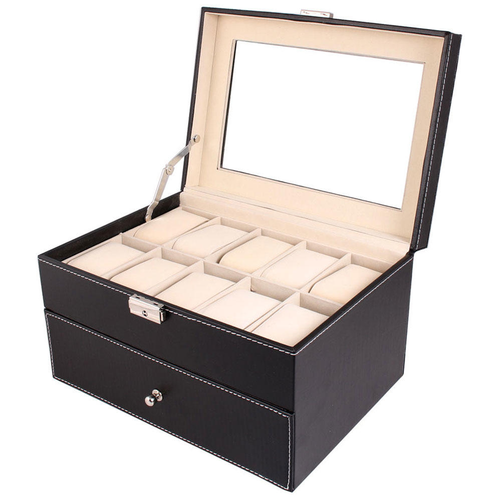 Winado 20 Slot Grids Watch Box Leather Display Case Organizer Top Glass Jewelry Storage