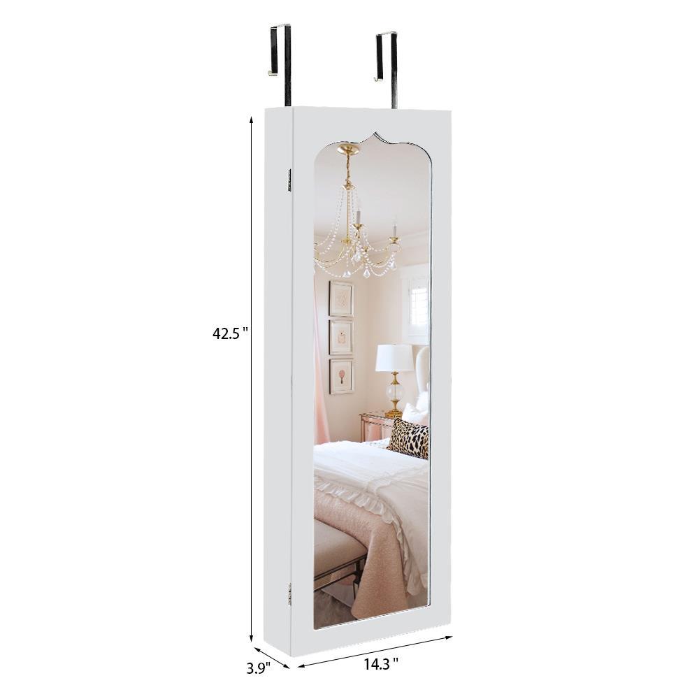 Winado Hanging Mirror Jewelry Armoire Cabinet for Door or Wall Mount w/LED Lights,Cosmetics Tray,White