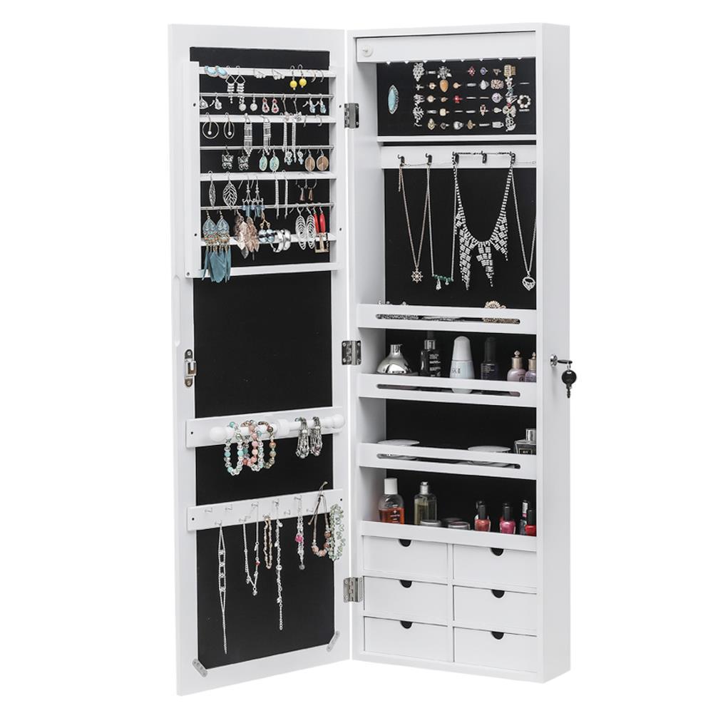 Winado Hanging Mirror Jewelry Armoire Cabinet for Door or Wall Mount w/LED Lights,Cosmetics Tray,White