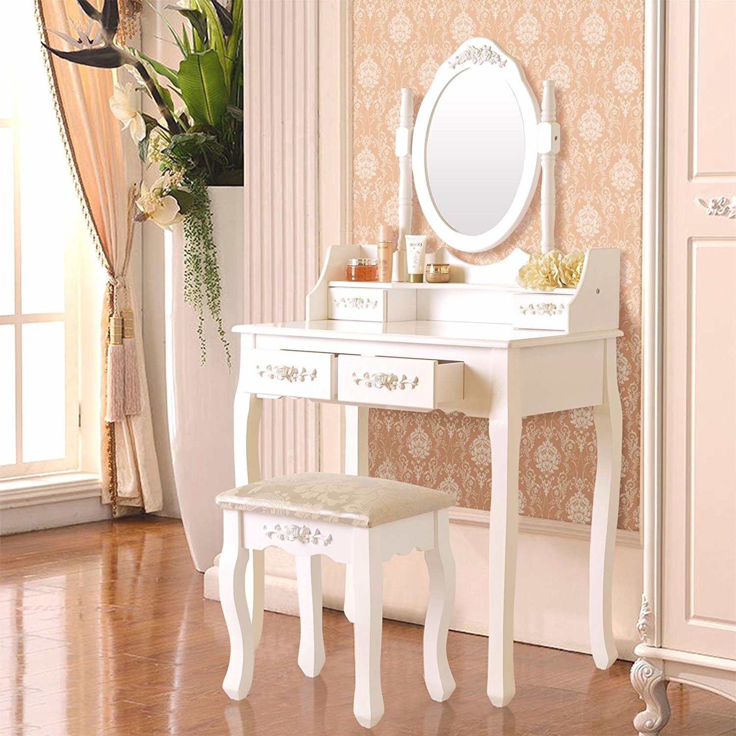 Winado Vanity Set Makeup Desk Dressing Table Set with Stool 4 Drawer & Oval Mirror in Bedroom, White