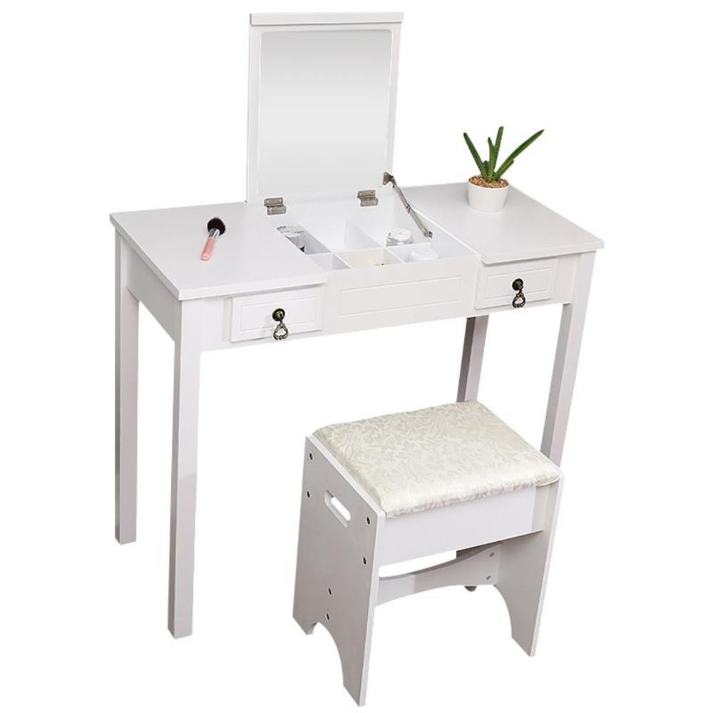 Winado Flip-top Mirror Vanity Set Makeup Dressing Table with 2 Drawers and Stool for bedroom,White