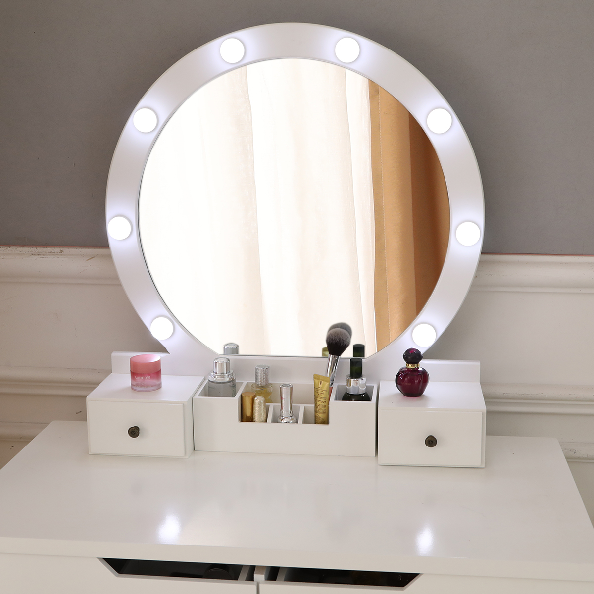 Winado Vanity Set With Round Lighted, White Vanity With Circle Mirror