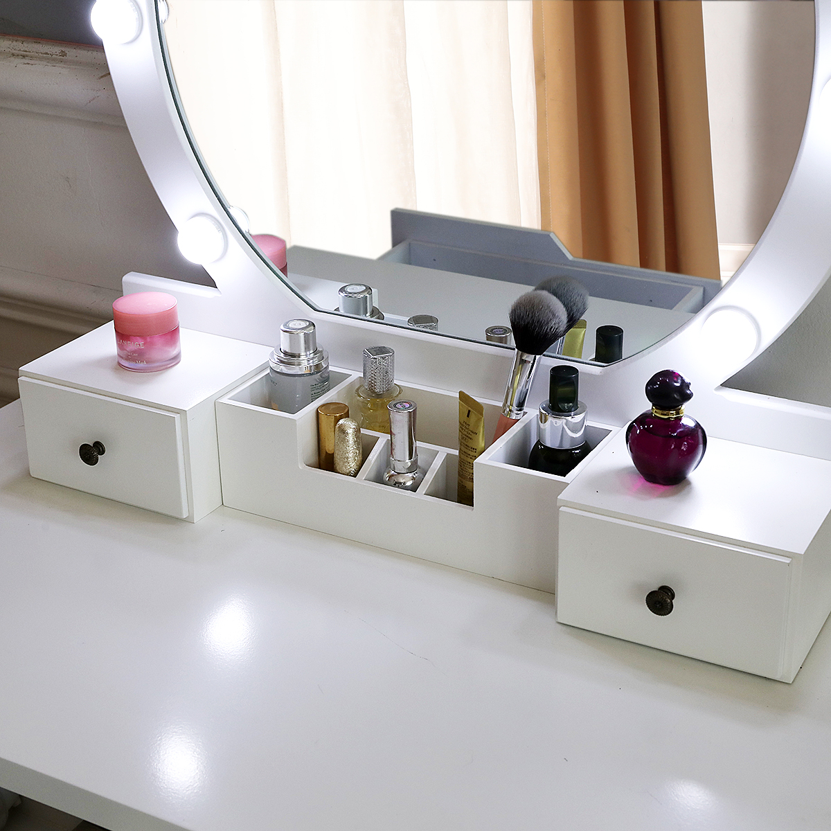 Winado Vanity Set With Round Lighted, Vanity Set With Round Lighted Mirror White