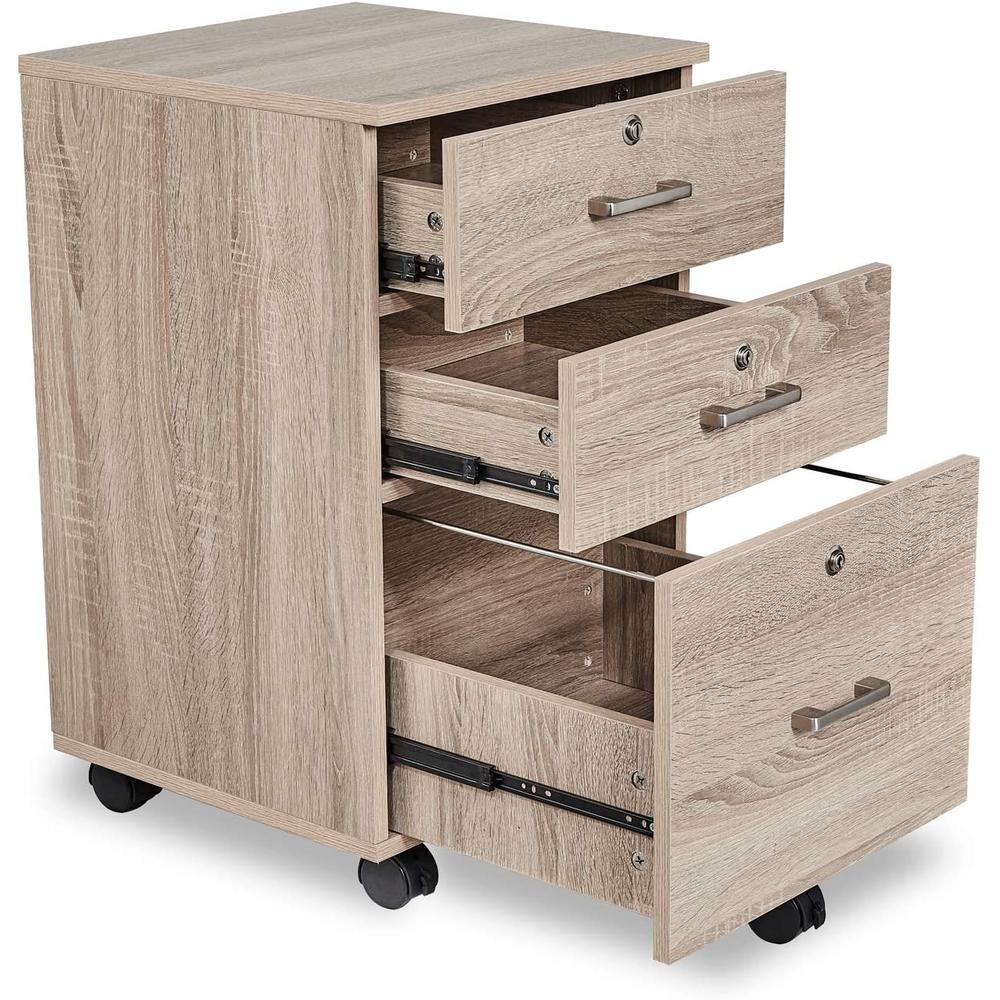 Winado 3 Drawer Rolling Wood File Cabinet with Lock,File Storage Furniture for Home & Office,Oak