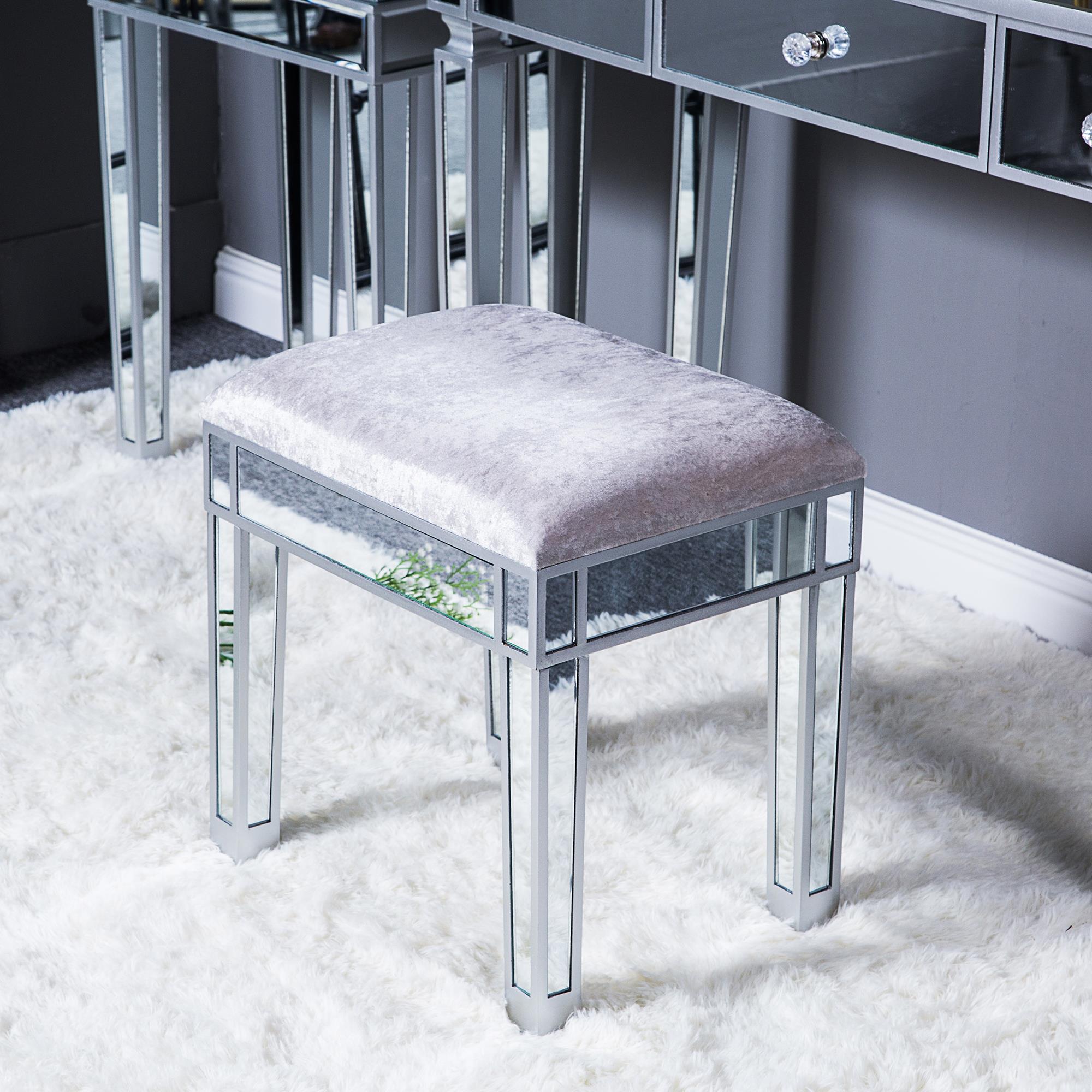 Winado Mirrored Vanities Benches Makeup Dressing Bench With Solid Leg Silver Velvet Chair Padded Cushioned Footstool Winado Mirrored Vanities Benches, Silver Leg Vanity Stool