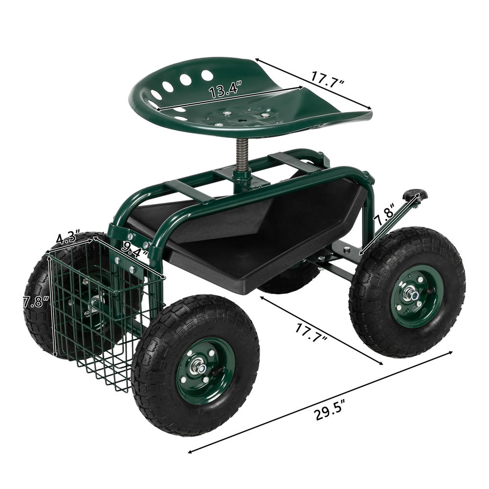 Winado Garden Stool Cart Rolling Work Seat Outdoor Storage Basket Scooter for Adjustable 360 Degree Swivel Seat Green