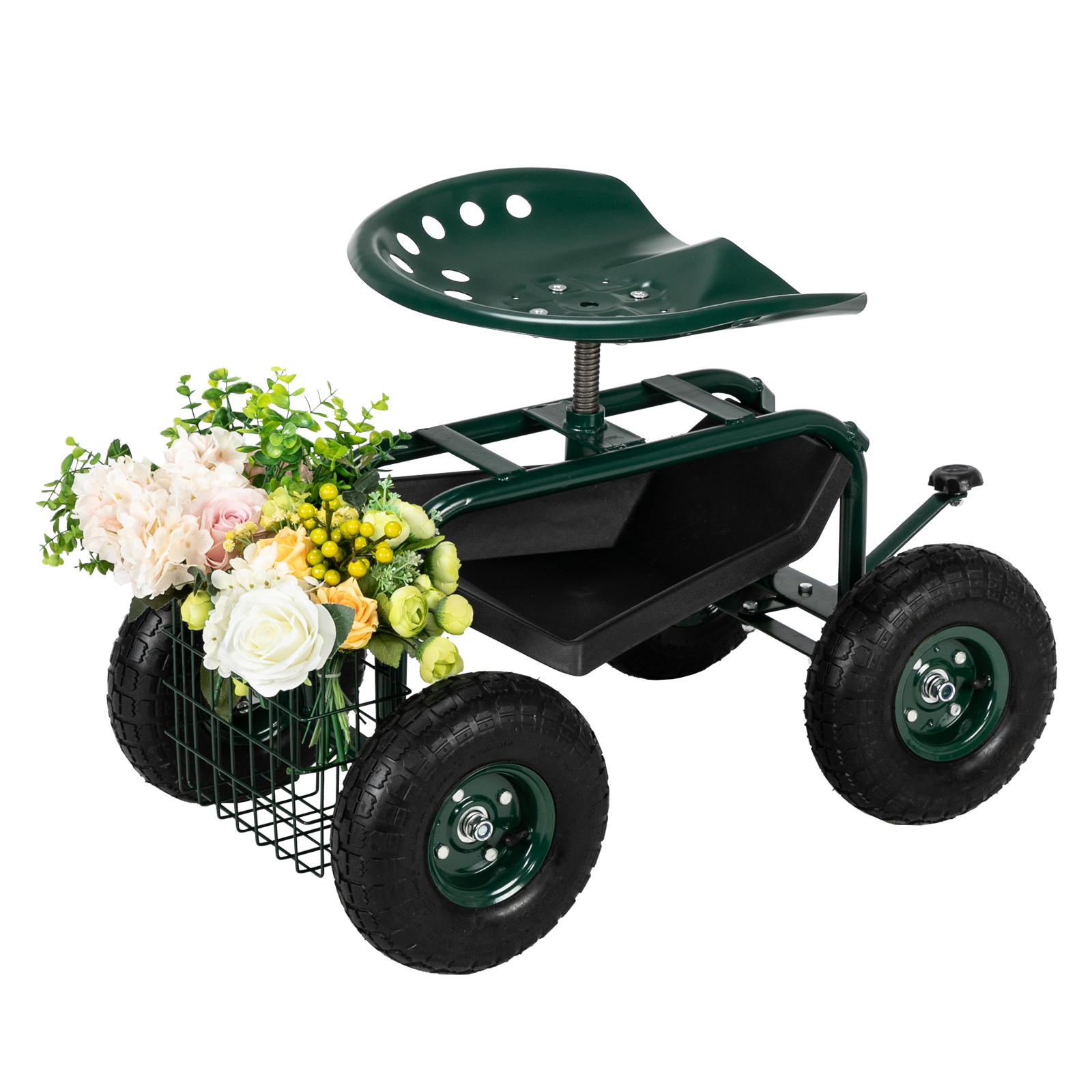 Winado Garden Stool Cart Rolling Work Seat Outdoor Storage Basket Scooter for Adjustable 360 Degree Swivel Seat Green