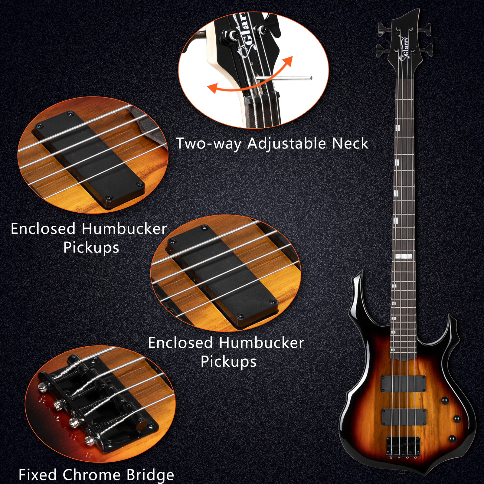 Winado Full Size 4 String Burning Fire enclosed H-H Pickup Electric Bass Guitar