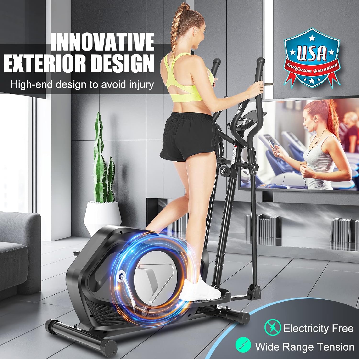 funmily 8-Level Adjustable Silent Magnetic Resistance Elliptical Training Machine w/LCD Monitor&Pulse Rate Grip,390LBS Weight Capacity