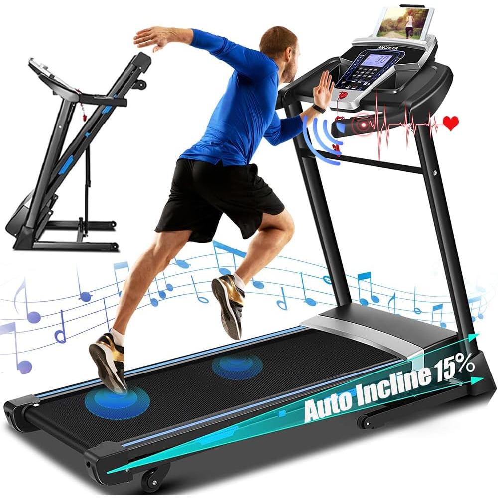 Ancheer Electric Ultra-Quiet Smart Treadmill 300lb Capacity, 3.25HP Folding Treadmill w/15% Auto Incline&Bluetooth Speaker &LCD Display