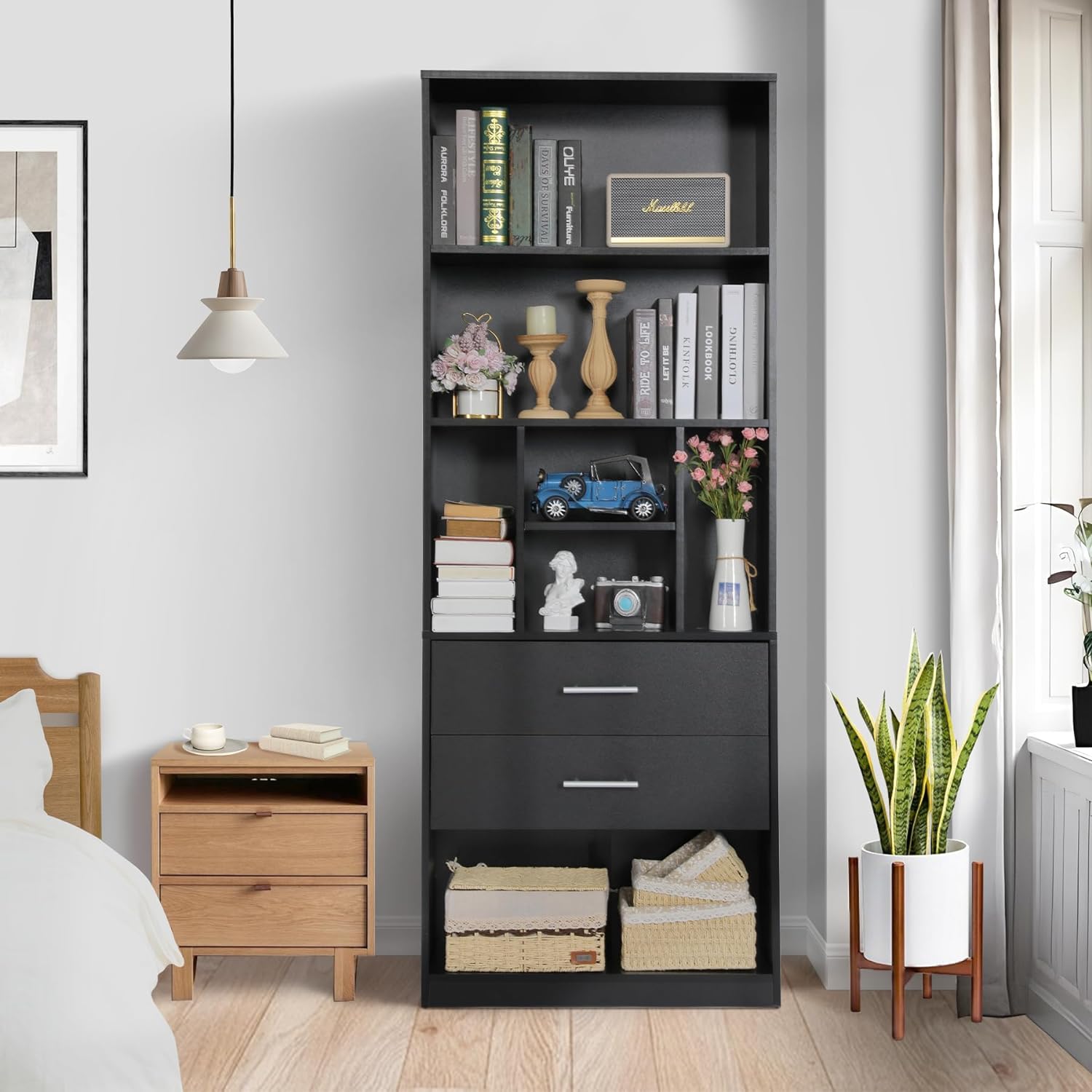SEJOV 71" Tall Black Bookcase w/2 Drawers, Modern Floor Standing Wood Bookshelf w/5-Tier Open Shelves for Bedroom, Living Room, Office