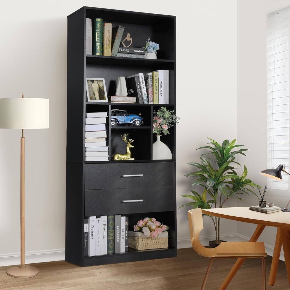 SEJOV 71" Tall Black Bookcase w/2 Drawers, Modern Floor Standing Wood Bookshelf w/5-Tier Open Shelves for Bedroom, Living Room, Office