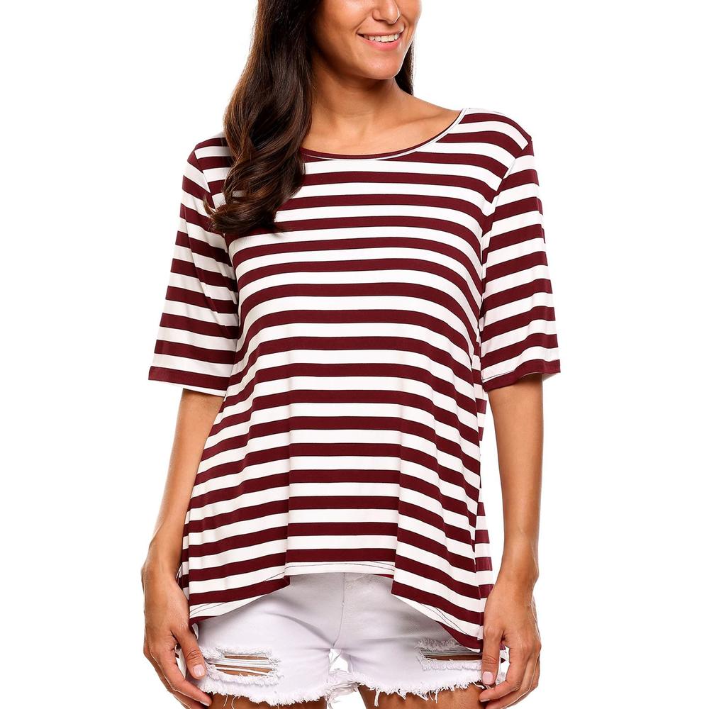 Hot Buy New Women Casual O Neck Half Sleeve Striped Elastic Back Cross Split Asymmetrical Hem Pullover T Shirt Hot Buy New Women Casual O Neck Half Sleeve Striped Elastic Back Cross Split Asymmetrical Hem Pullover T Shirt