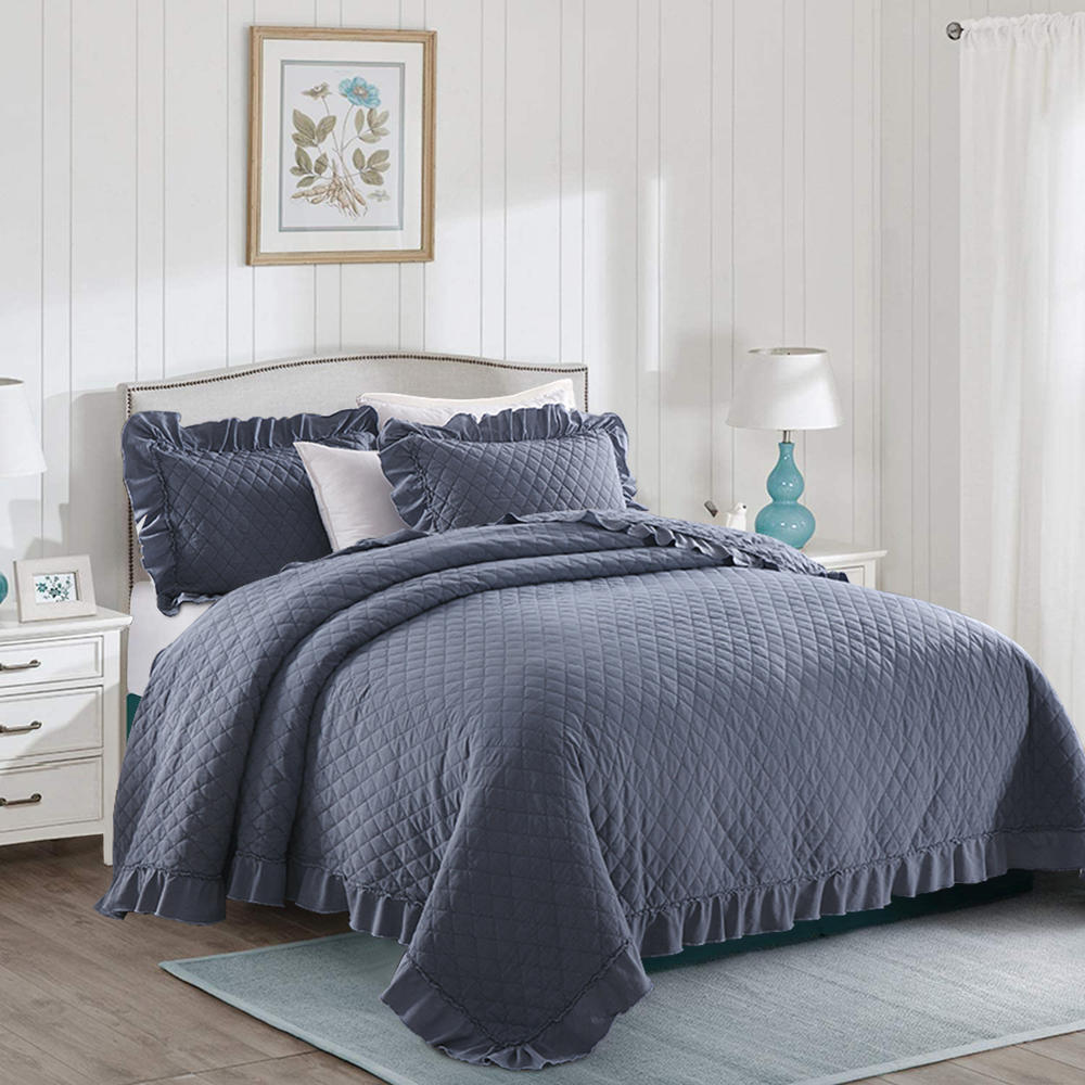 JML Soft Quilt Set With Ruffle,Stone Washed Microfiber 3 Piece Coverlet