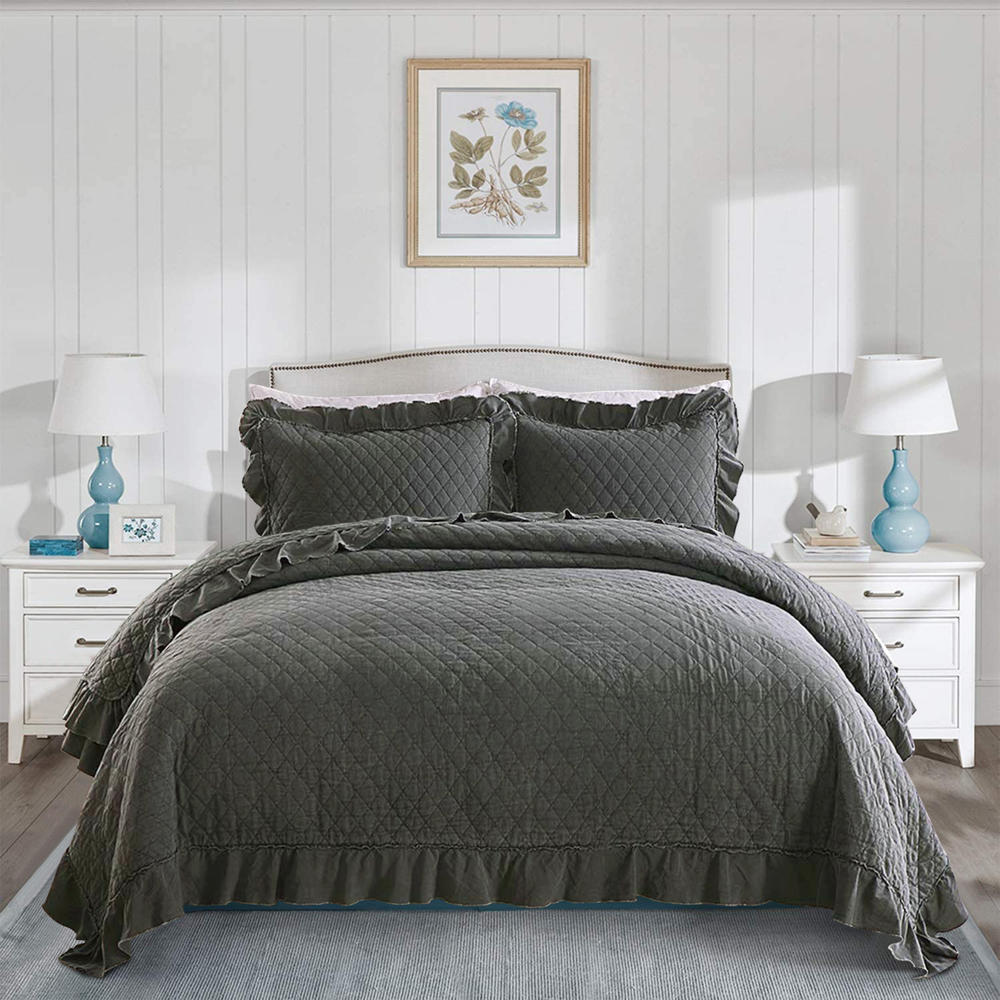 JML Soft Quilt Set With Ruffle,Stone Washed Microfiber 3 Piece Coverlet