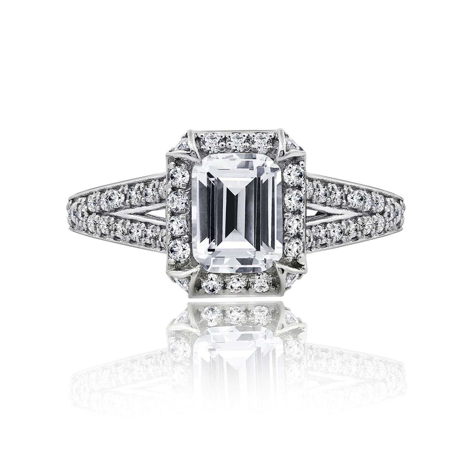 Gemour Platinum clad Sterling Silver Cubic Zirconia Emerald Cut Halo Ring with Split Shank