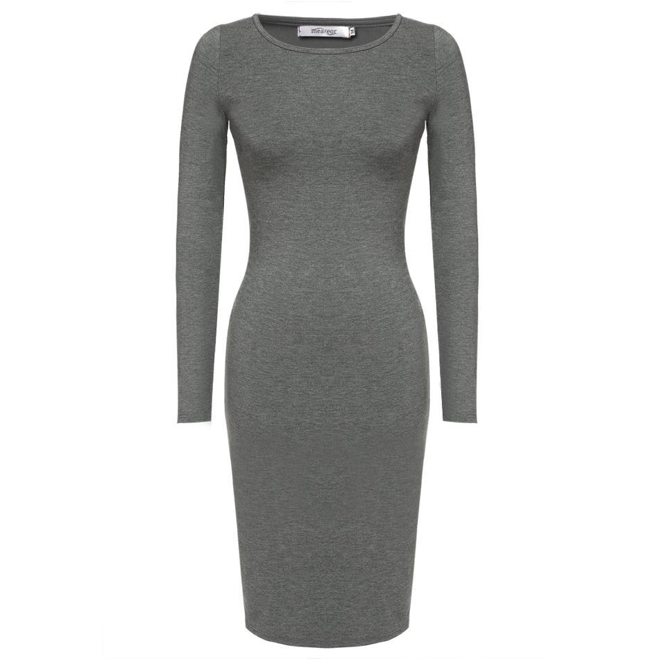 Skyling Women Casual O-Neck Long Sleeve Solid Bodycon Stretch Dress