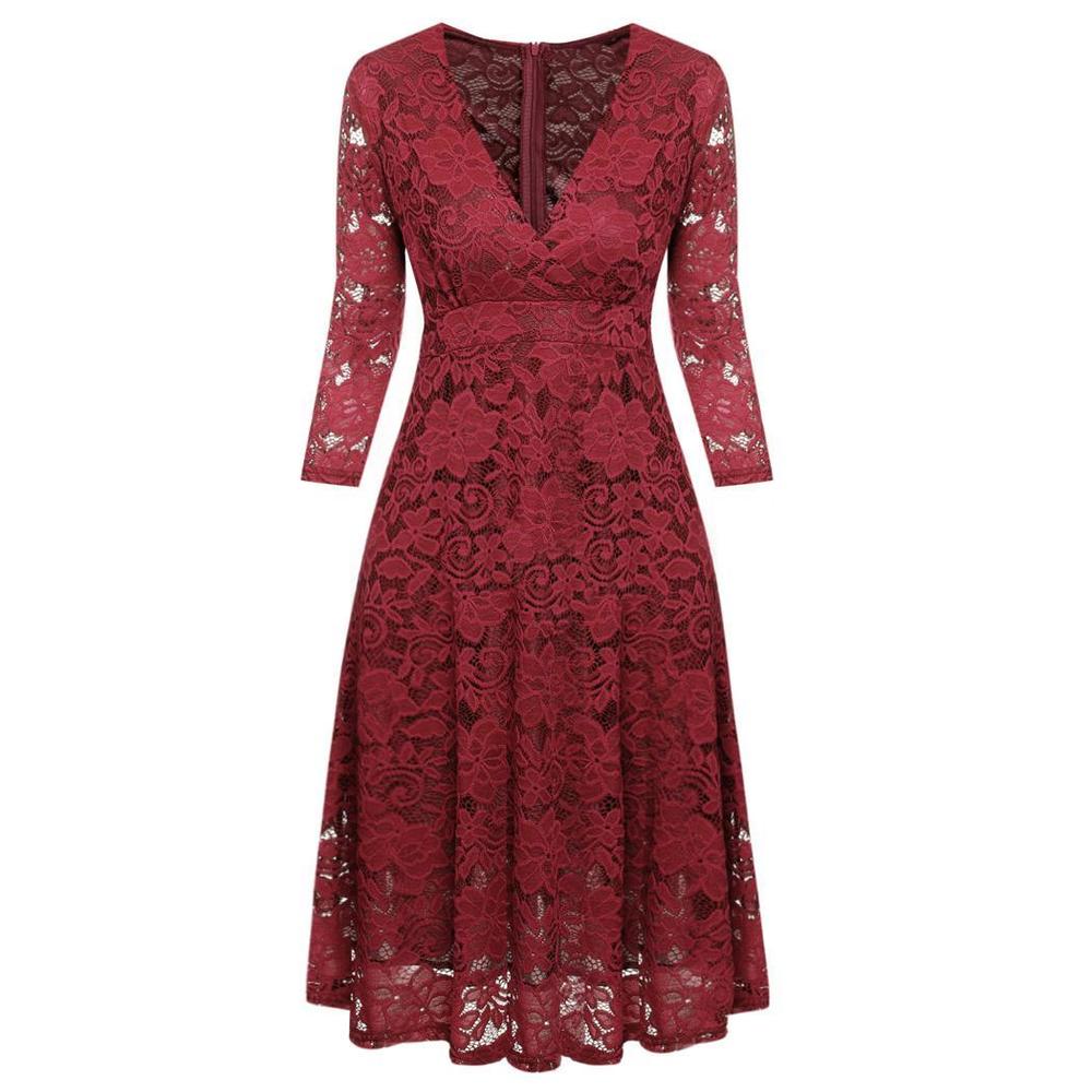 Samtree Women's V-Neck Lace Dress - 3/4 Sleeves, Floral Ruffles, Cocktail Or Office Wear