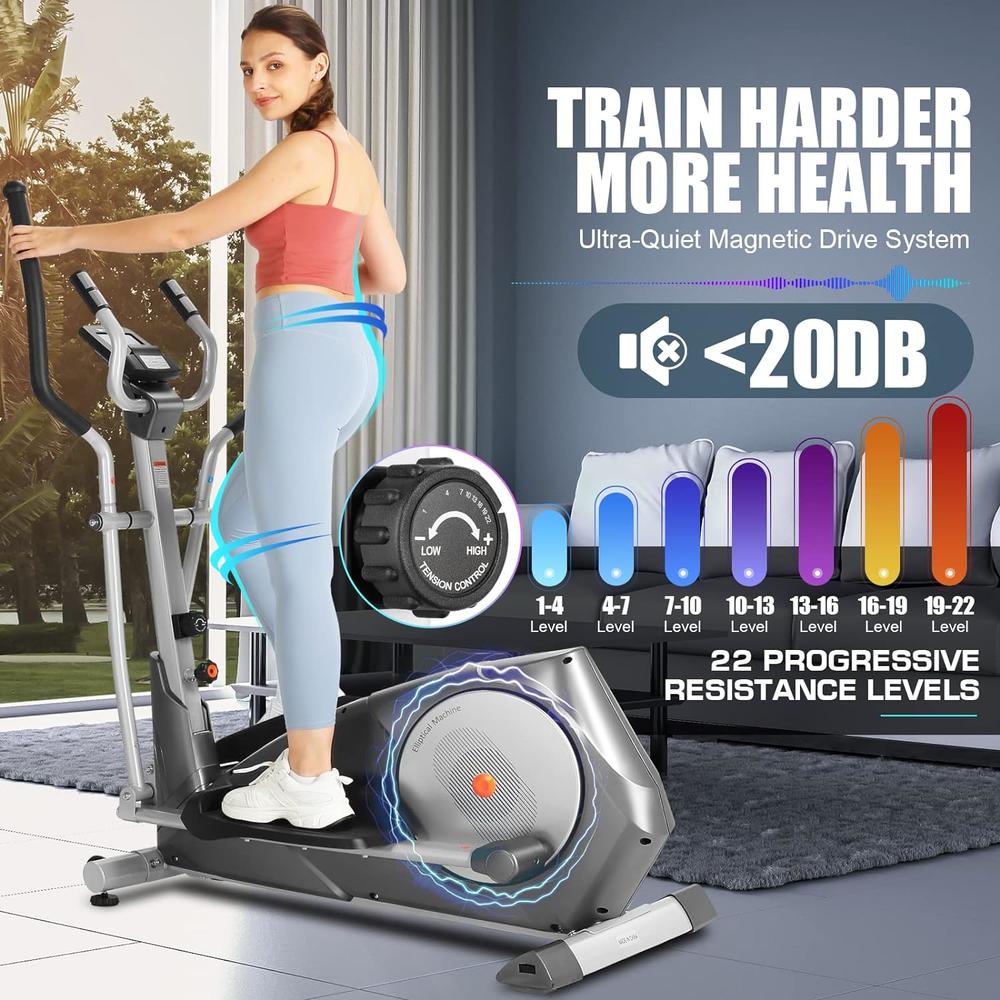 YOUNGFIT Foldable Upgraded 22 Levels Adjustable Resistance Elliptical Machine for Home w/ Large LCD Monitor& Pulse Rate,95% Installation