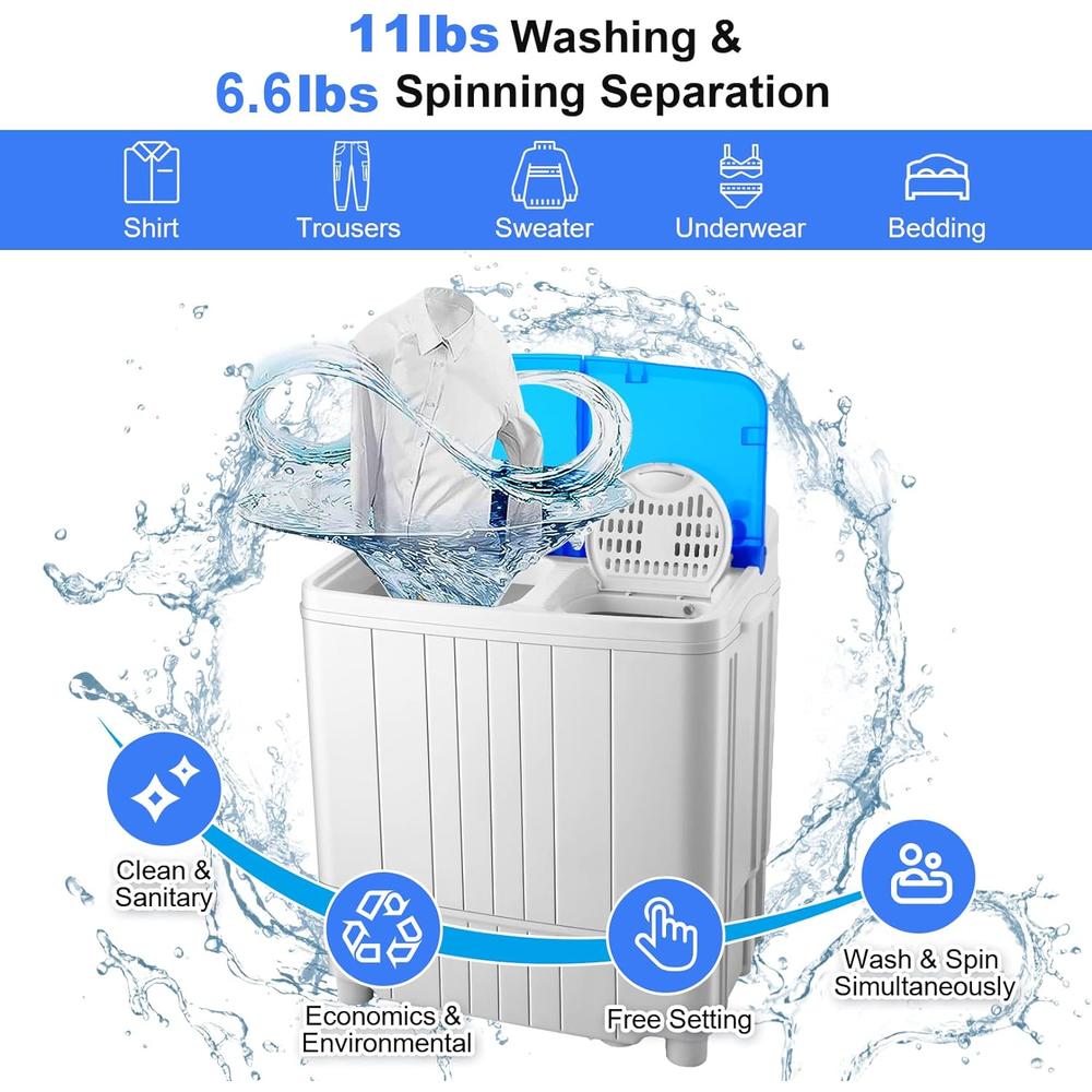 Nictemaw 17.6lbs Washer&Dryer 2-in-1 Combo Compact Twin Tub Laundry Washer w/Built-in Drain Pump,11lbs Washer&6.6lbs Dryer Semi-automatic