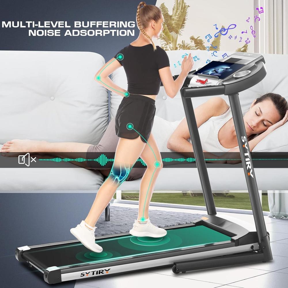Sytiry Folding 3.25HP Treadmill with 10" HD TV Touchscreen, 36 Pre-Programs,3D Virtual Sports Scene&WiFi Connection&Bluetooth Speakers