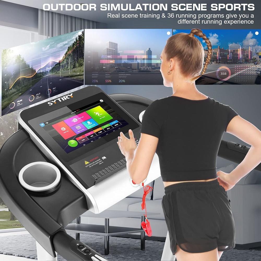 Sytiry Folding 3.25HP Treadmill with 10" HD TV Touchscreen, 36 Pre-Programs,3D Virtual Sports Scene&WiFi Connection&Bluetooth Speakers