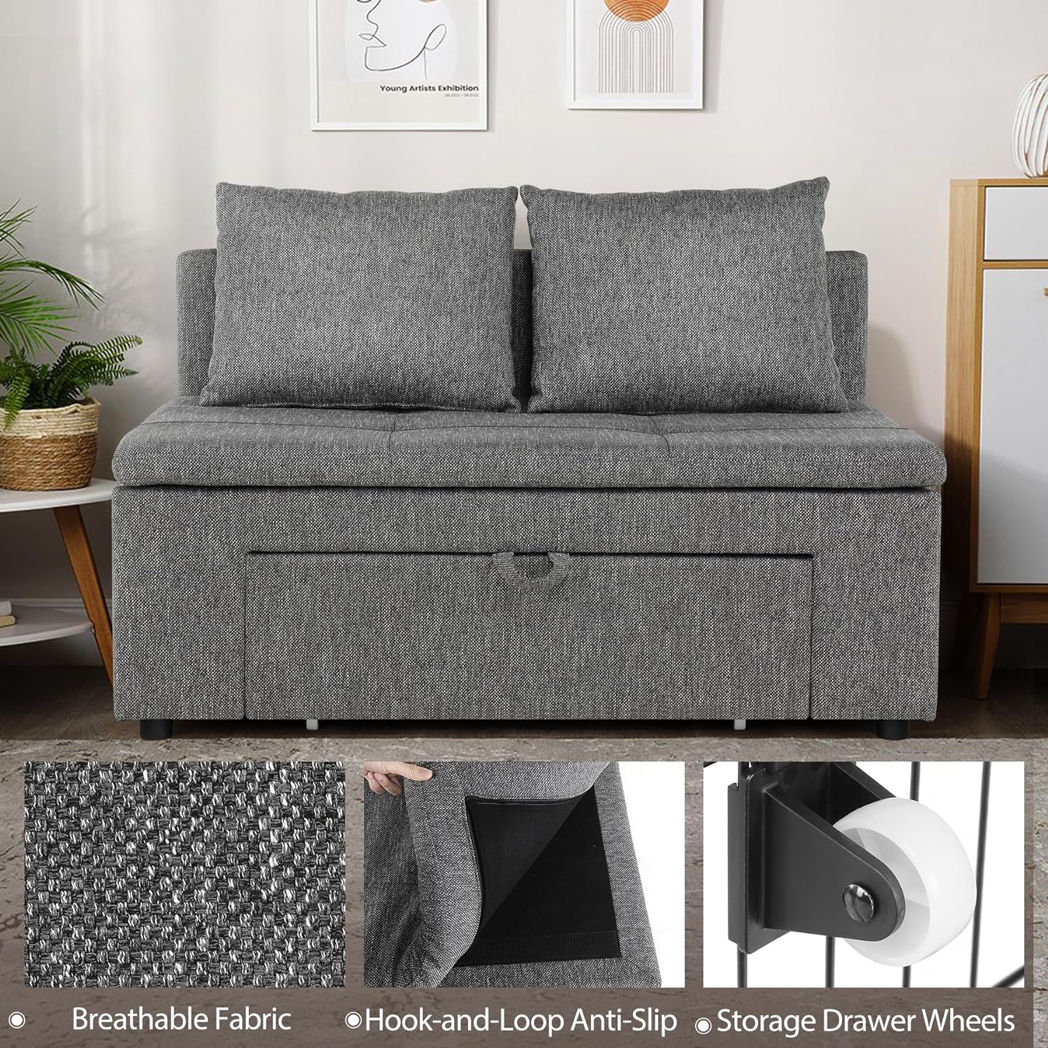 SEJOV Small Loveseat Sofa for Living Room Bedroom,47.2“ Couches for Small Spaces with Storage, 2 Seater Linen Fabric Solid Wood Frame