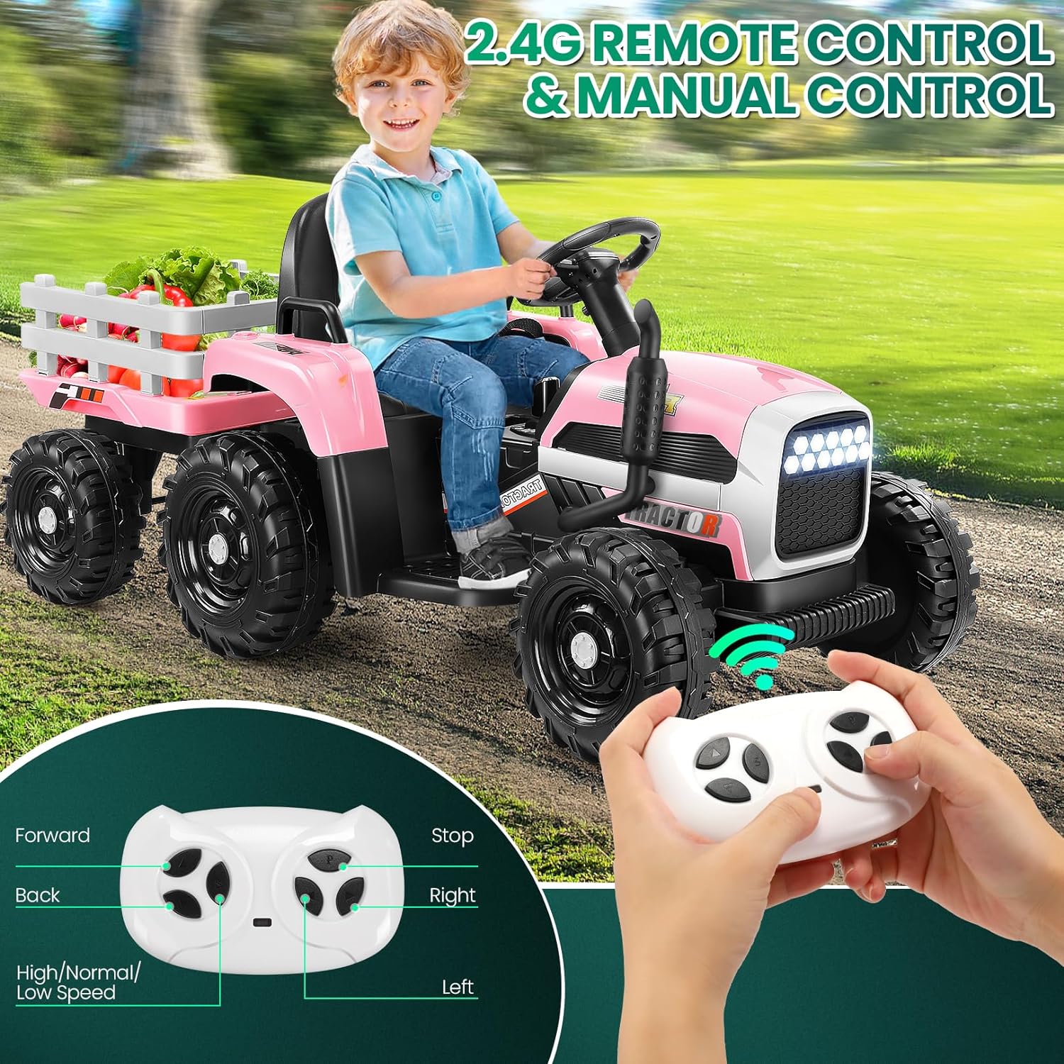 Dreamer 12V Kids Ride on Tractor with Trailer, Battery Powered Ride on Toy Car w/ Music, USB, LED Light, Horn, Outdoor Kid Pickup Truck