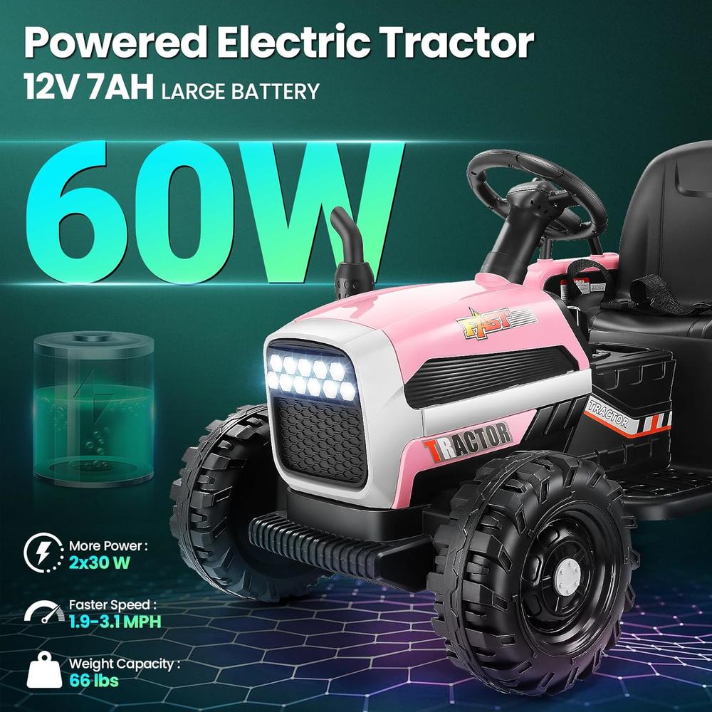 Dreamer 12V Kids Ride on Tractor with Trailer, Battery Powered Ride on Toy Car w/ Music, USB, LED Light, Horn, Outdoor Kid Pickup Truck