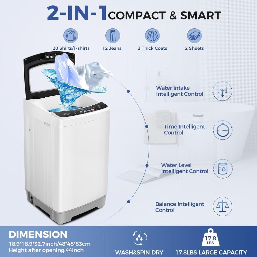 Nictemaw 17.8Lbs Full-Automatic Silent Washer with Drain Pump, Washer& Dryer Combo W/Glass Top Lid,LED Display,10 Programs&8 Water Levels