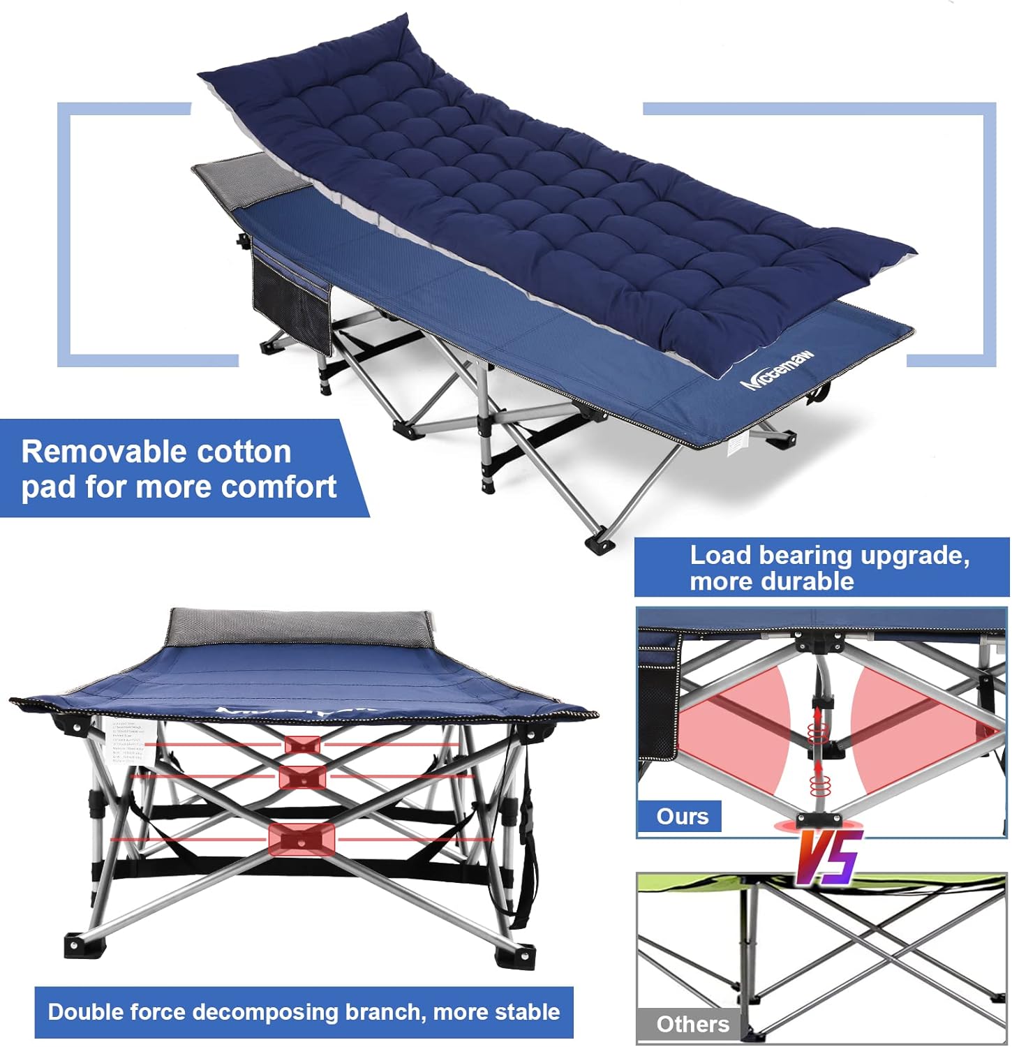 Nictemaw Folding Camping Cot with Cotton Pad for Adults,Heavy Duty Sleeping Cot Bed with Carry Bag,Travel Camp Cots Portable for Outdoor