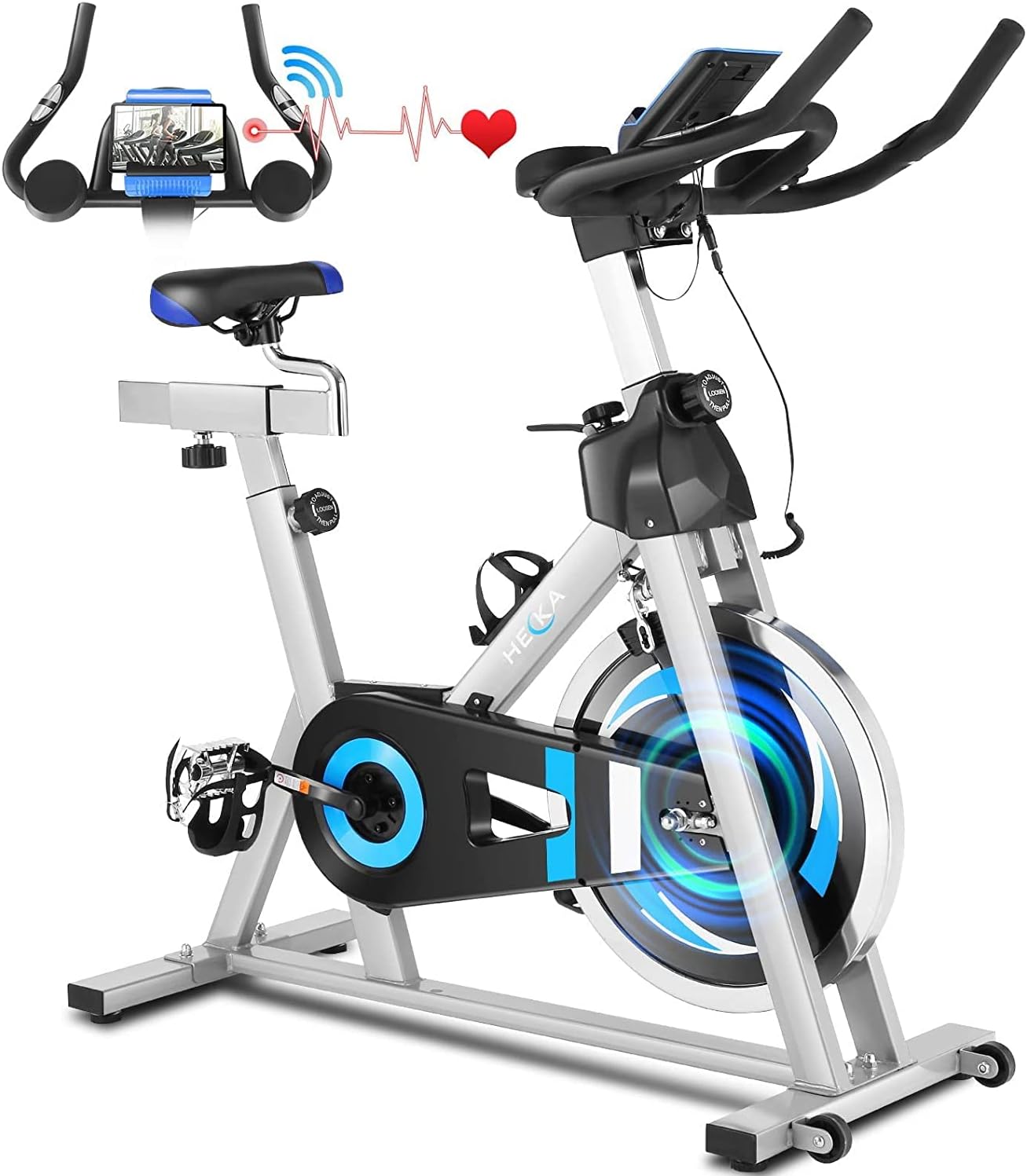 HEKA New Carbon Steel Indoor Exercise Bicycle with Heart Rate Cardio & Tablet Holder & APP Electronic Watch, 275Lbs Weight Capacity