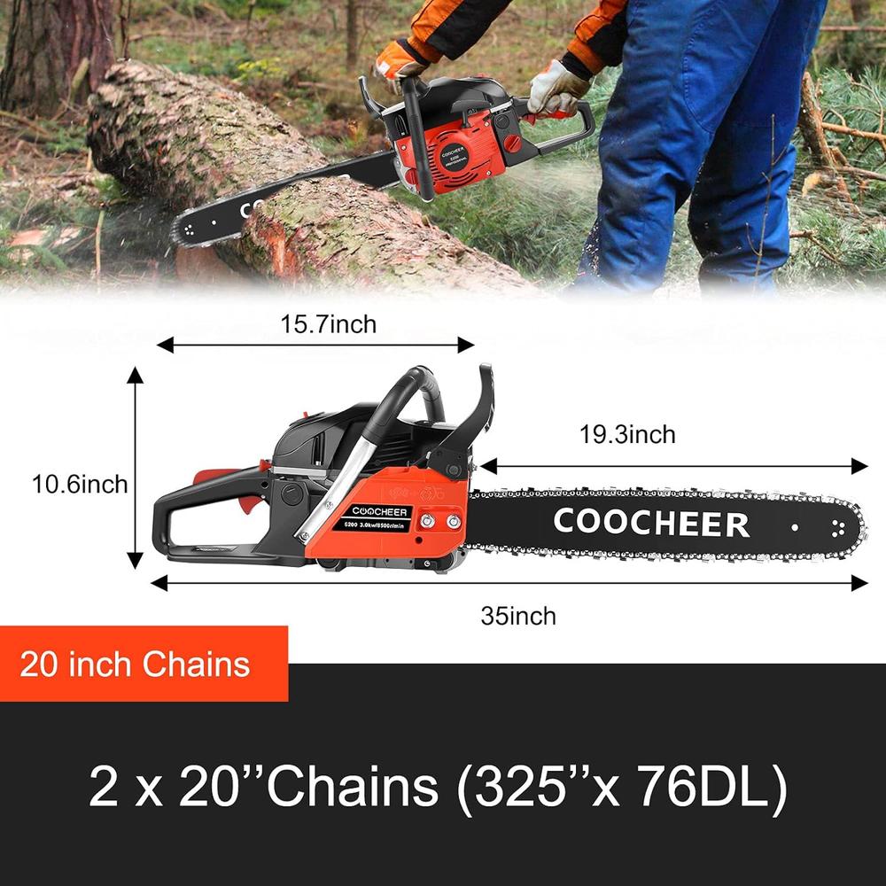 COOCHEER 62CC 3.5HP Gas Chainsaw,20" 2-Stroke Portable Gasoline Chainsaw w/Carrying Bag&2 Chains Tool Kit,for Tree Stump&Firewood Cutting