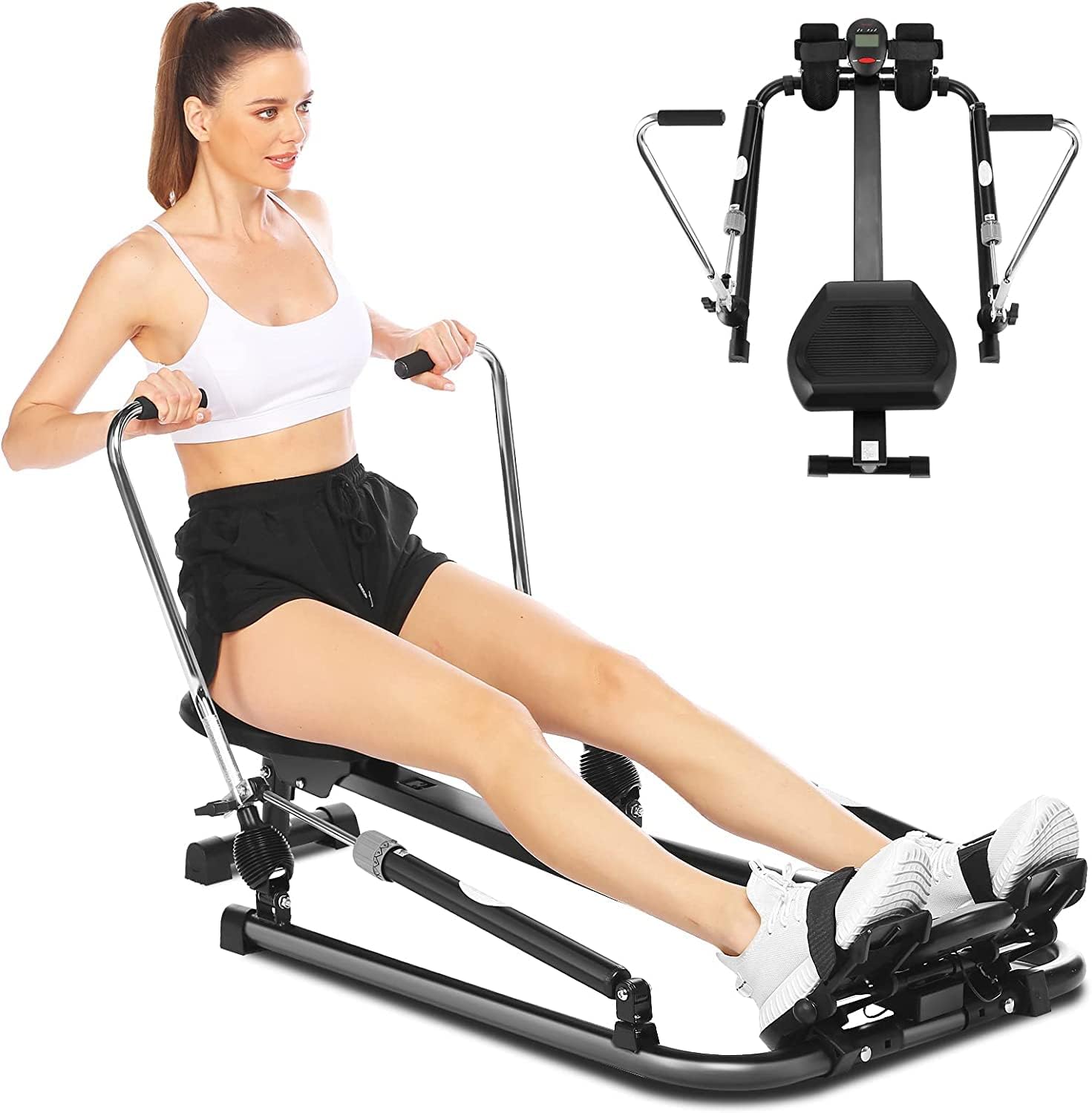 Ancheer Foldable Full Motion Rowing Machine w/LCD Monitor,12 Levels Adjustable Resistance Hydraulic Rower for Home,290LB Weight Capacity