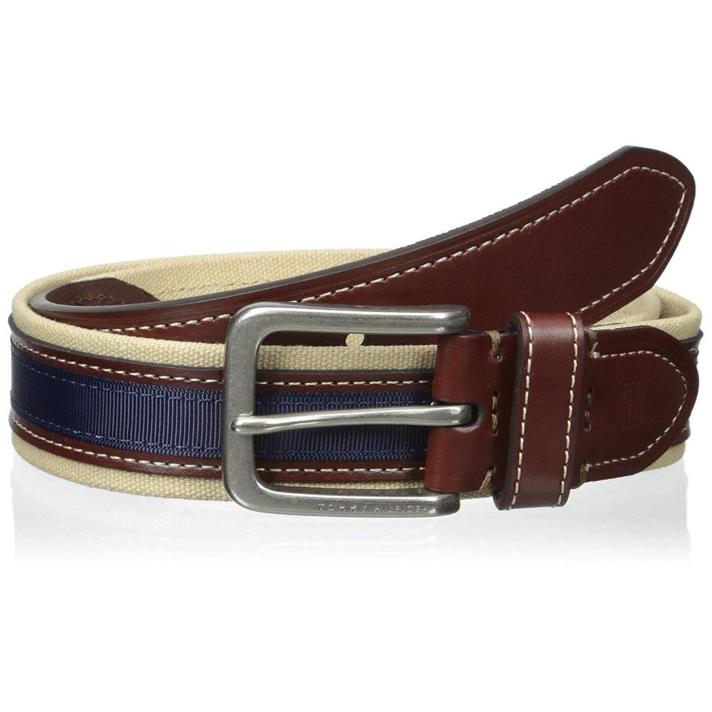 Tommy Hilfiger Men S Canvas Leather Casual Belt Khaki Brown Navy