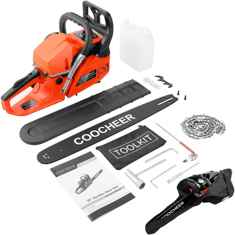 COOCHEER 62CC 2-Cycle 3.5HP Gas Powered Chainsaw,20" Bar,Carrying Bag&Tool Kit Included,Handheld Cordless Chainsaw for Cutting Wood&Trees