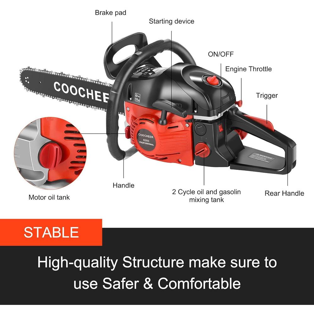 COOCHEER 62CC 20" Gas Powered Chainsaw,3.5HP 2-Stroke Handheld Gasoline Chain Saw Tool Set for Cutting Tree Stumps,Tree Limbs & Firewood