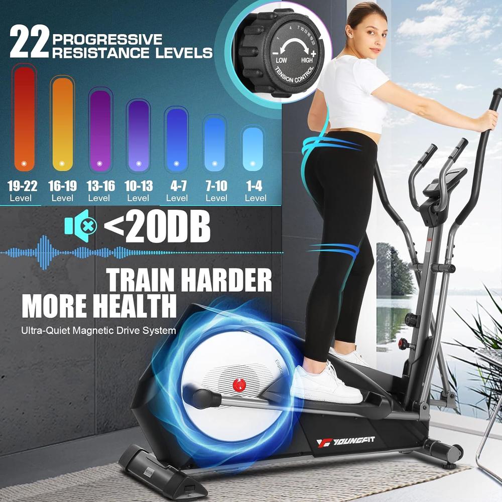 YOUNGFIT Foldable Upgraded 22 Levels Adjustable Resistance Elliptical Machine for Home w/ Large LCD Monitor& Pulse Rate,95% Installation