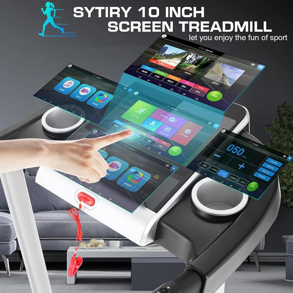 Sytiry 3.25HP Smart Electric Folding Treadmill W/Incline&10" HD TV Touchscreen,36 Pre-Programs,WiFi Connection,3D Virtual Sports Scene