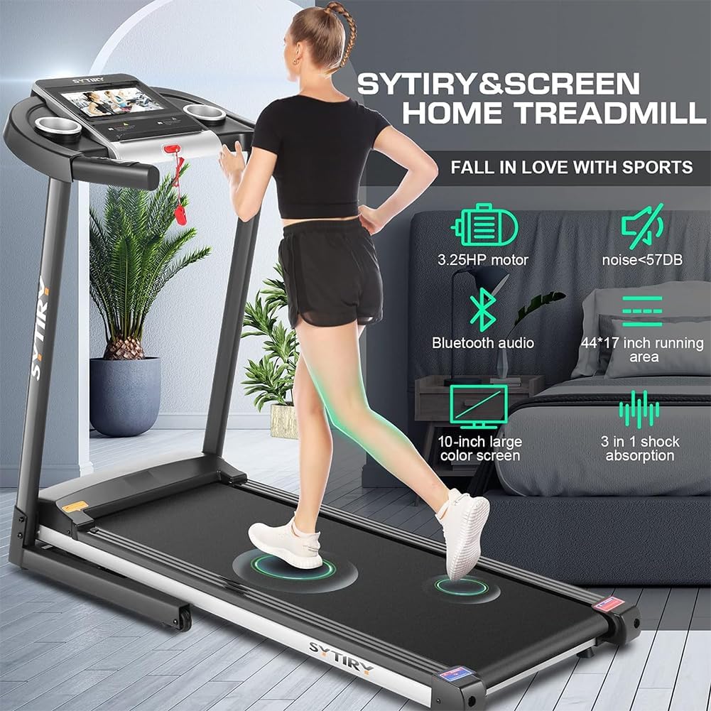 Sytiry 3.25HP Smart Electric Folding Treadmill W/Incline&10" HD TV Touchscreen,36 Pre-Programs,WiFi Connection,3D Virtual Sports Scene
